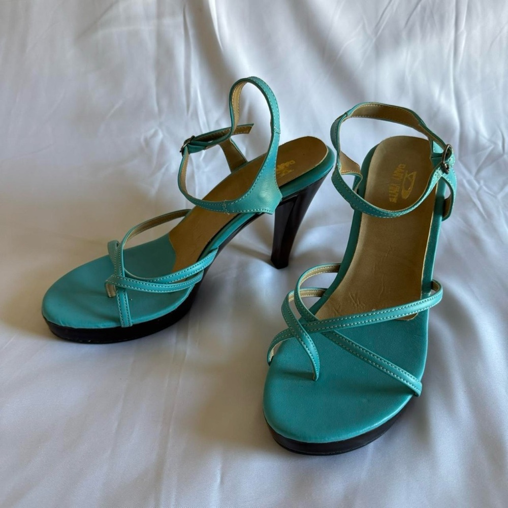 strappy light blue and brown high heels